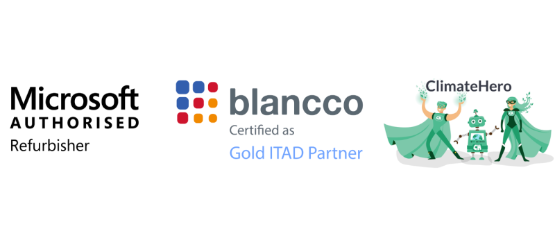 Microsoft Authorised Refurbisher, Blancco Gold ITAD Partner, Climate Hero partner.